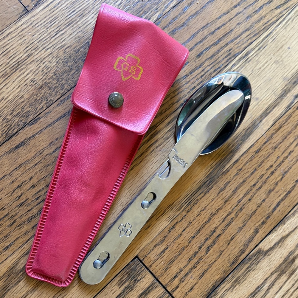 Vintage Girl Scouts Pouch with Stainless Multi-Tool Fork, Knife & Spoon